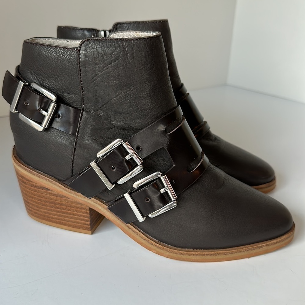 Sol Sana Genuine Leather Brown Side Zipper Three Buckle Bootie Size EU 36/US 5.5
